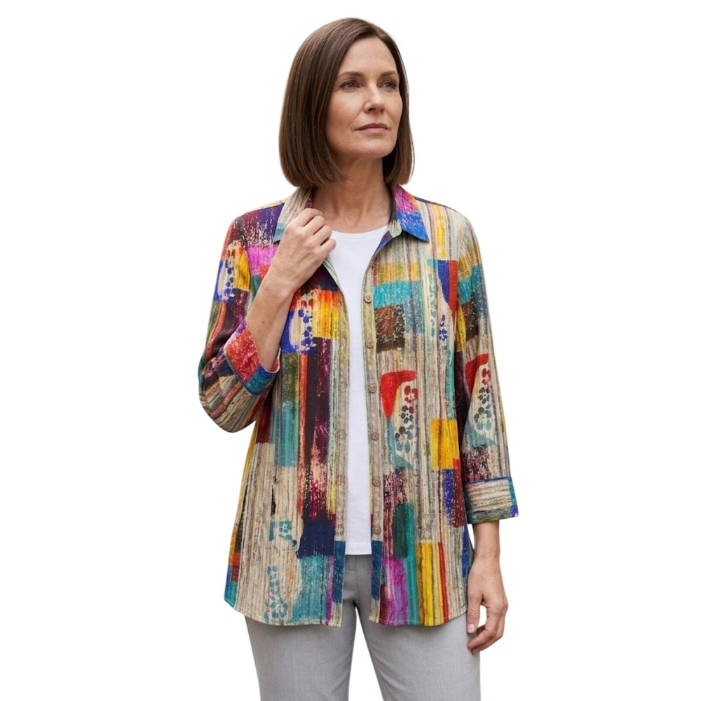 ALI MILES Multi Color Abstract Patchwork‎ Button Up Shirt Large Art to Wear Boho